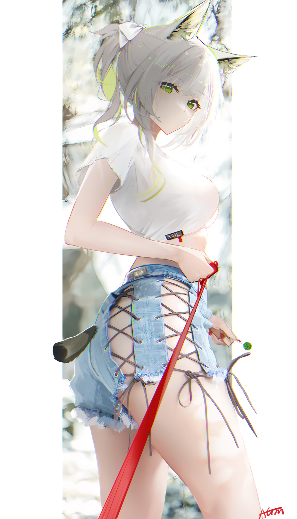 1girl animal_ears arknights ass bangs breasts candy chinese_commentary commentary_request explosive eyebrows_visible_through_hair food grenade highres kal'tsit_(arknights) leash lollipop looking_at_viewer midriff omone_hokoma_agm ponytail red_nails shorts solo white_hair