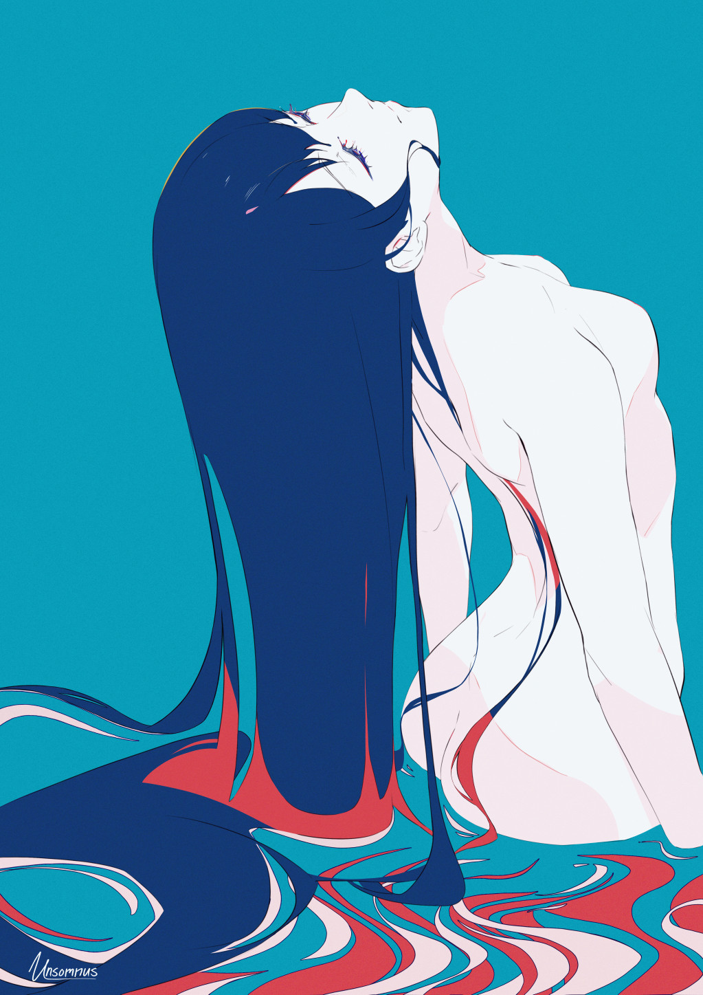 1girl ass back bangs breasts closed_eyes closed_mouth facing_up from_behind head_back highres long_hair nude original partially_submerged ripples signature simple_background small_breasts solo unsomnus very_long_hair water