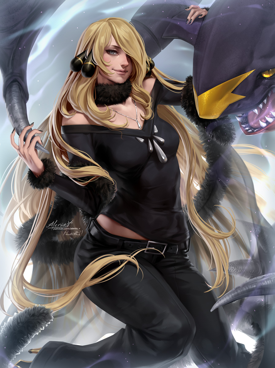 1girl arm_up bare_shoulders belt black_nails black_pants black_shirt blonde_hair claws closed_mouth cynthia_(pokemon) detached_collar fingernails fur_collar garchomp grey_eyes hair_ornament hair_over_one_eye hand_on_another's_head hand_up highres jewelry lera_pi lips long_bangs long_hair long_sleeves looking_at_viewer midriff_peek nail_polish off-shoulder_shirt off_shoulder pants pendant pokemon pokemon_(creature) pokemon_(game) pokemon_dppt seductive_smile shawl shirt side-by-side signature smile solo_focus very_long_hair web_address