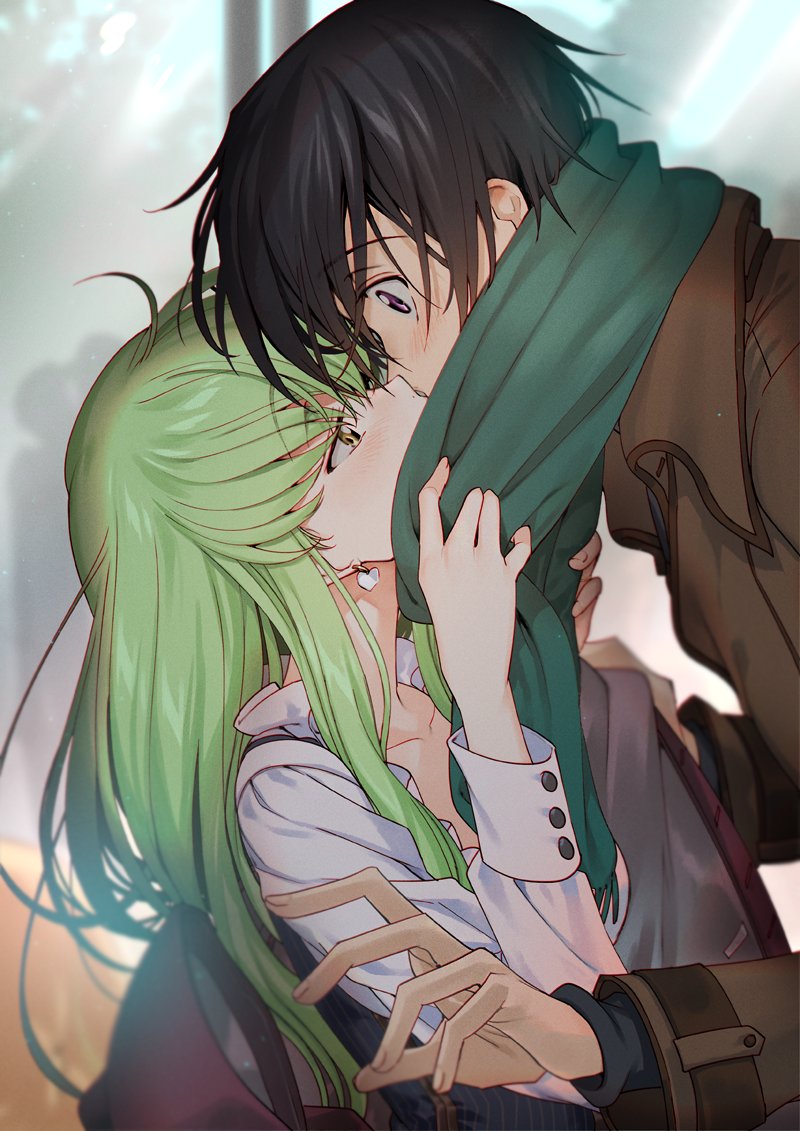 1boy 1girl ahoge black_hair blush brown_coat c.c. coat code_geass collared_shirt creayus earrings eye_contact green_hair green_scarf height_difference hetero jewelry kiss lelouch_lamperouge long_hair long_sleeves looking_at_another scarf scarf_grab shirt short_hair upper_body violet_eyes white_shirt wide-eyed yellow_eyes
