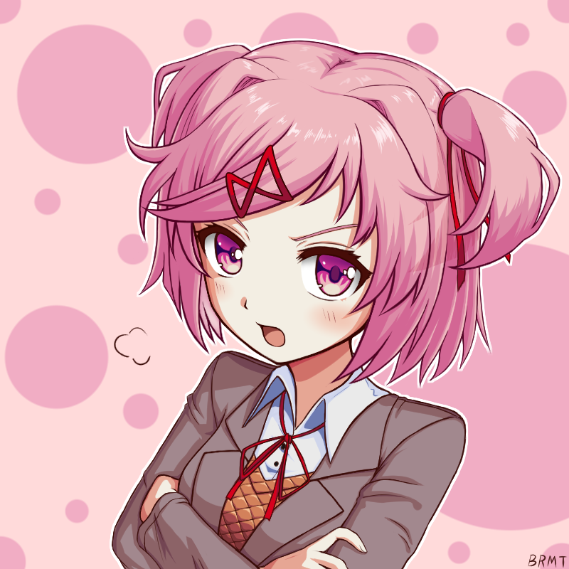 1girl bangs broly_matsumoto brown_jacket collared_shirt commentary_request crossed_arms doki_doki_literature_club dotted_background hair_ornament hair_ribbon jacket light_blush long_sleeves looking_at_viewer medium_hair natsuki_(doki_doki_literature_club) neck_ribbon open_mouth pink_background pink_hair pink_theme ribbon shirt signature solo twintails upper_body violet_eyes white_shirt