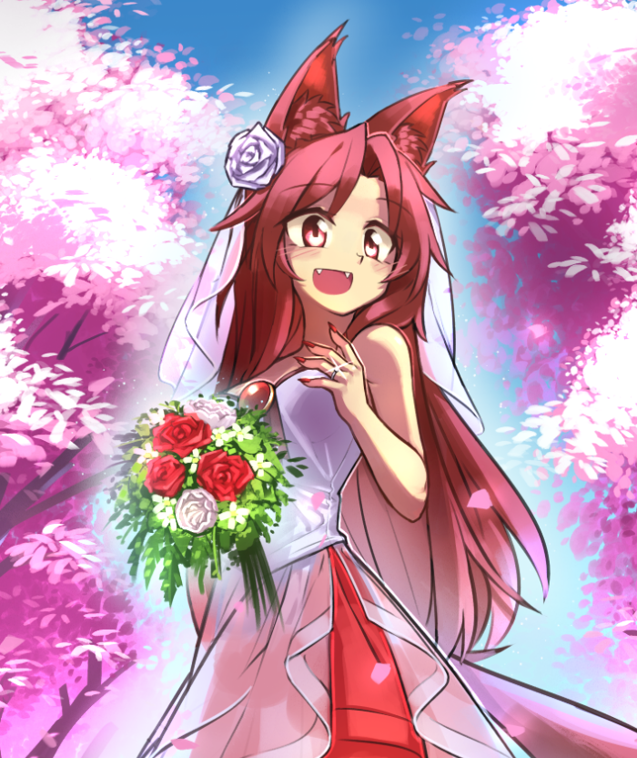 1girl adapted_costume animal_ear_fluff animal_ears bangs bare_shoulders blue_sky blush bouquet bridal_veil bride brooch brown_hair dress eyebrows_visible_through_hair fangs fingernails flower happy holding holding_bouquet imaizumi_kagerou jewelry lirilias long_fingernails long_hair open_mouth red_eyes red_nails ring sky smile solo touhou tree veil wedding_band wedding_dress white_dress wolf_ears