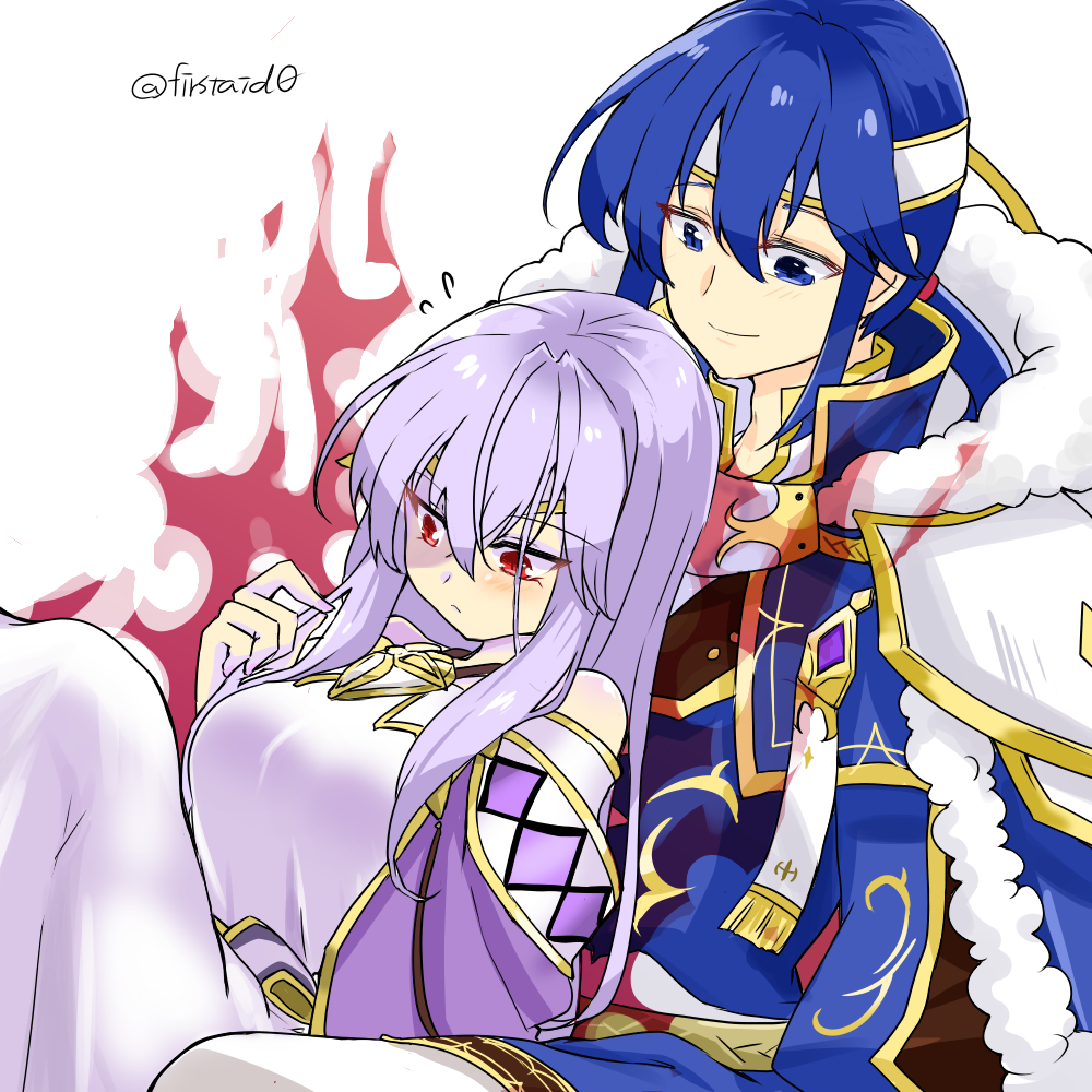 1boy 1girl armor aura bandana bare_shoulders blue_eyes blue_hair breasts corruption dark_persona fire_emblem fire_emblem:_genealogy_of_the_holy_war gloves glowing half-siblings index_finger_raised julia_(fire_emblem) kneeling lipstick looking_at_viewer loptous_(fire_emblem) makeup ponytail possessed red_eyes seliph_(fire_emblem) siblings slit_pupils smile sword thigh-highs thighs violet_eyes weapon white_background yukia_(firstaid0)