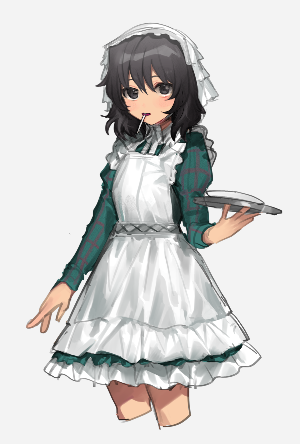 1girl andou_(girls_und_panzer) apron arm_at_side bangs black_eyes black_hair candy chin_strap cowboy_shot cropped_legs dress food food_in_mouth frilled_apron frills girls_und_panzer green_dress grey_background hair_between_eyes hand_up holding holding_tray juliet_sleeves light_blush lollipop long_sleeves looking_at_viewer looking_to_the_side maid_apron medium_hair mouth_hold parted_lips petticoat plaid plaid_dress puffy_sleeves simple_background solo standing symbol-only_commentary tan_(inka) tray uniform veil waitress white_apron white_headwear white_veil