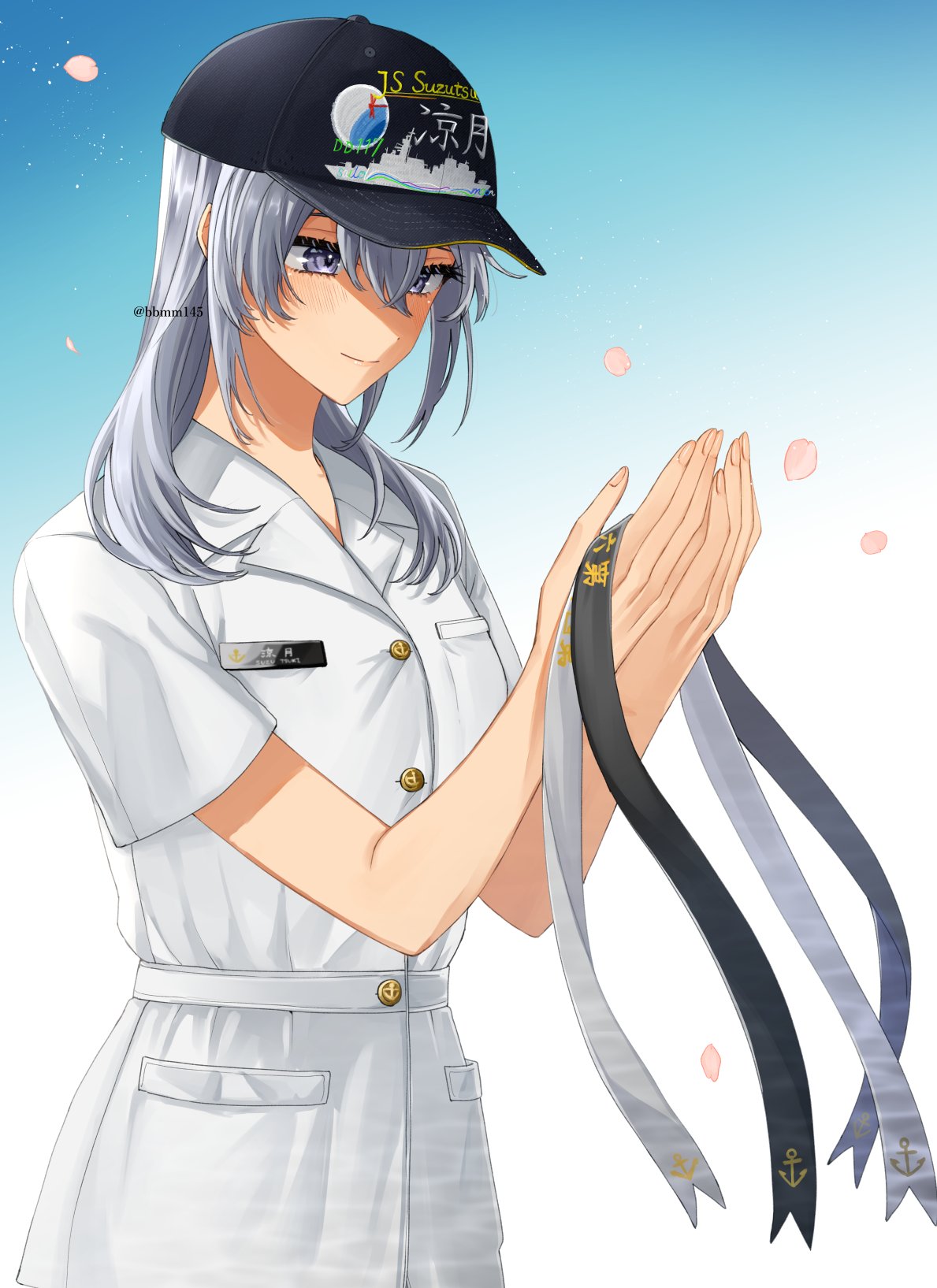 1girl alternate_costume anchor_symbol bangs baseball_cap black_headwear blush breasts buttons clothes_writing commission eyelashes hair_between_eyes hat highres holding holding_headband kantai_collection long_hair machi_(ritovoyage) military military_uniform name_tag naval_uniform petals short_sleeves silver_hair simple_background skeb_commission solo suzutsuki_(kancolle) twitter_username uniform violet_eyes