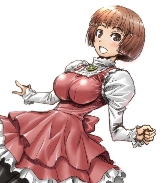 1girl amania_orz bangs blush breasts brown_eyes brown_hair dress gundam large_breasts long_sleeves looking_at_viewer open_mouth pantyhose short_hair simple_background smile sochie_heim solo turn_a_gundam white_background