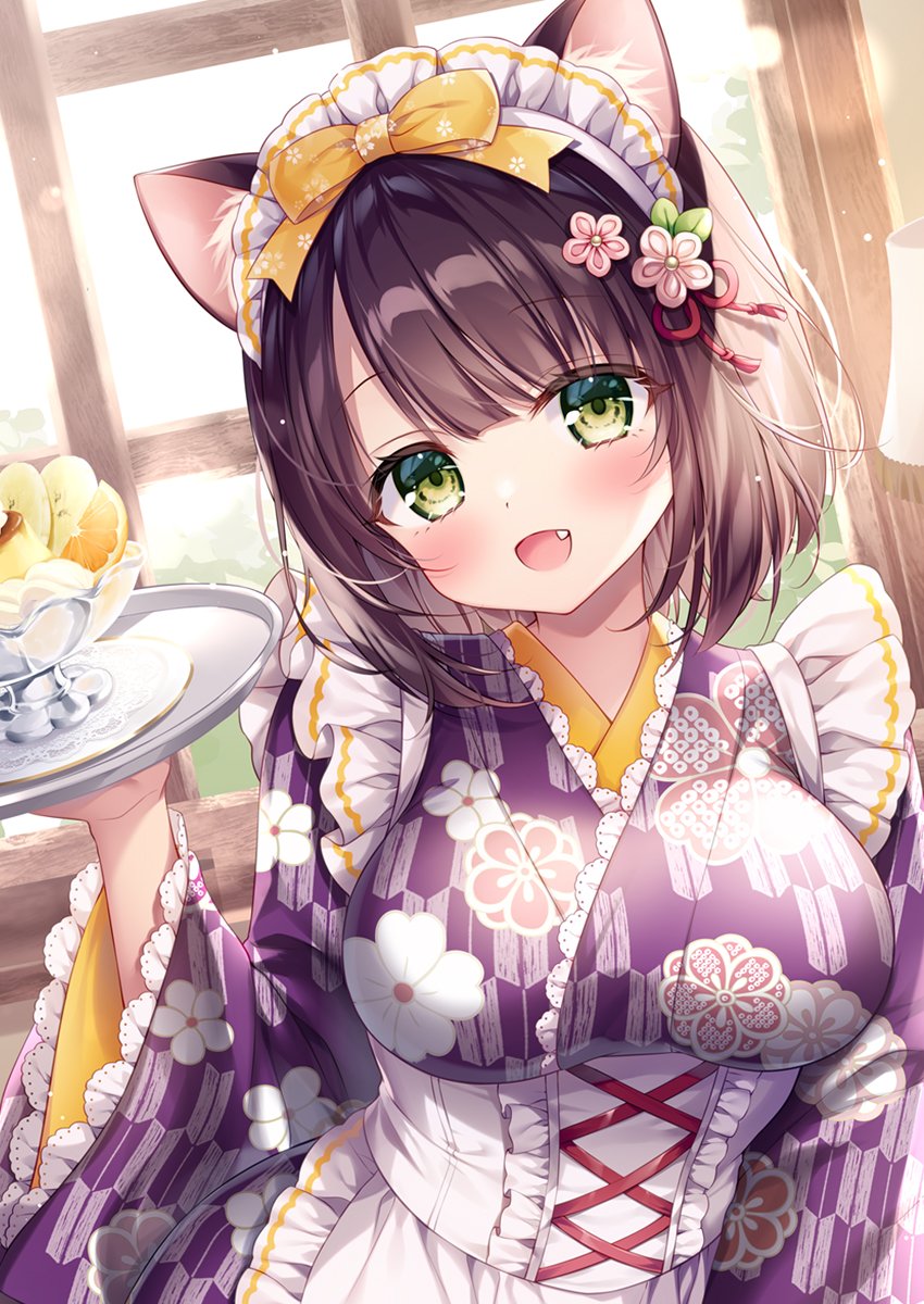 1girl :d animal_ear_fluff animal_ears apron bangs blush bow breasts brown_hair commentary_request day eyebrows_visible_through_hair fang floral_print frilled_apron frills green_eyes hair_bow hand_up head_tilt highres holding holding_tray indoors japanese_clothes kimono looking_at_viewer maid_headdress medium_breasts mitsuba_choco original print_kimono purple_kimono smile solo tray upper_body wa_maid white_apron window yagasuri yellow_bow