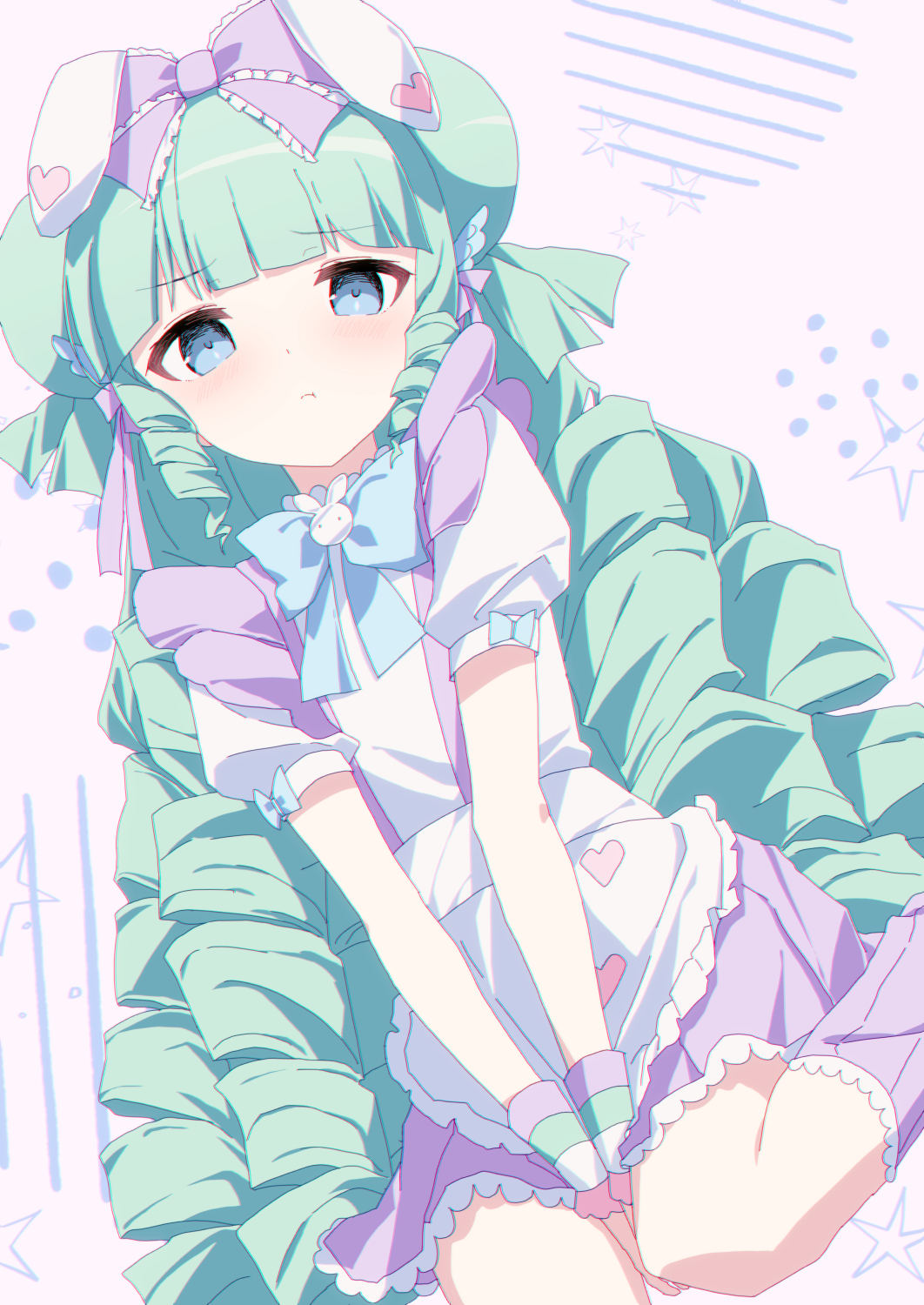 1girl :t animal_ears apron bangs between_legs blue_eyes blush bow closed_mouth commentary_request commission double_bun eyebrows_visible_through_hair frilled_apron frilled_bow frills green_hair hair_bow hand_between_legs highres looking_at_viewer miruku_(cutesuu) original oueo pink_background pixiv_request polka_dot polka_dot_background puffy_short_sleeves puffy_sleeves purple_bow purple_skirt rabbit_ears shirt short_sleeves skirt solo star_(symbol) suspender_skirt suspenders waist_apron white_apron white_shirt