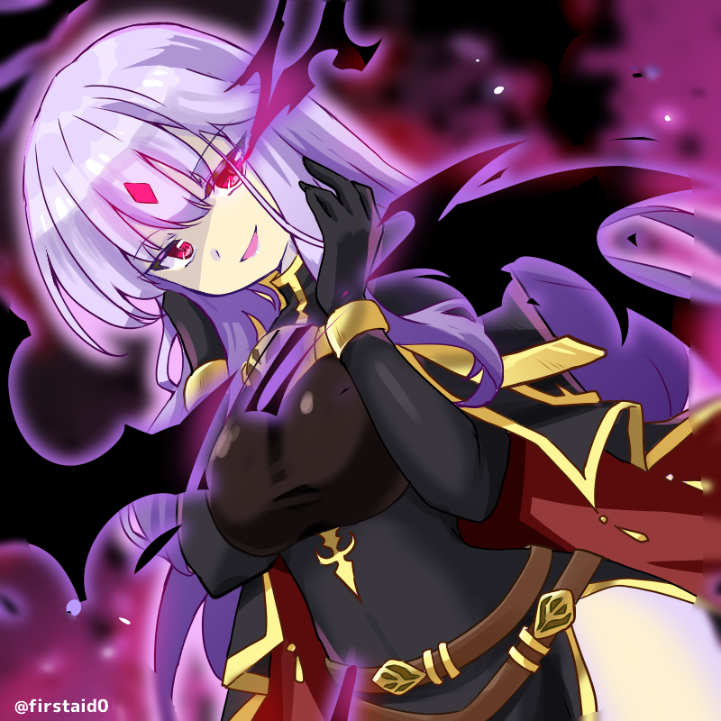 1girl aura bare_shoulders breasts cloak corruption crystal dark_persona diamond_(shape) elbow_gloves evil evil_smile fire_emblem fire_emblem:_genealogy_of_the_holy_war gloves glowing glowing_eye half-holding julia_(fire_emblem) large_breasts lipstick looking_at_viewer loptous_(fire_emblem) makeup possessed red_eyes simple_background slit_pupils smile thighs twitter_username violet_eyes weapon white_background yukia_(firstaid0)