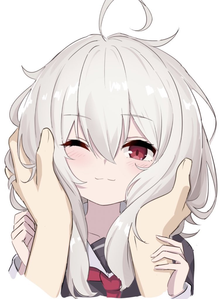 1boy 1girl :3 ahoge blush commentary eha7y eyebrows_visible_through_hair hands_in_hair looking_at_viewer medium_hair one_eye_closed original out_of_frame pov pov_hands red_eyes ruffling_hair simple_background sketch smile upper_body wasabi-chan_(eha7y) white_hair