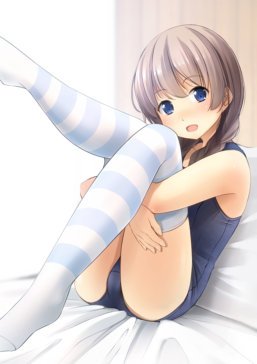1girl bed blue_eyes blue_swimsuit brown_hair commentary_request hair_over_shoulder highres hugging_own_legs looking_at_viewer low_twintails old_school_swimsuit original pillow school_swimsuit shibacha sitting solo striped striped_legwear swimsuit thigh-highs twintails