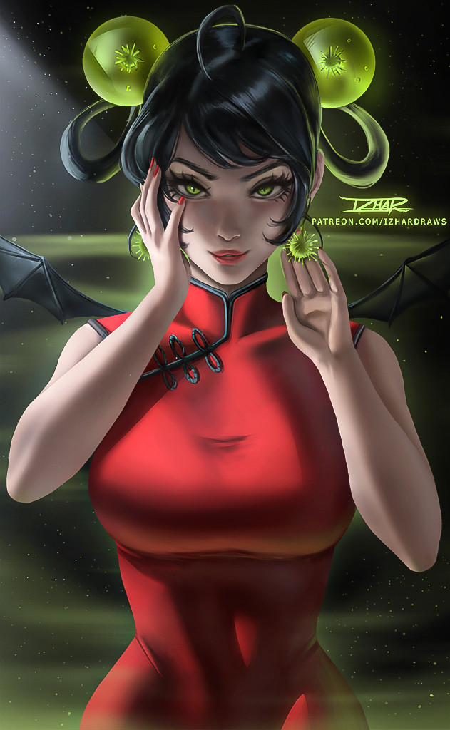 1girl artist_name bat_wings black_background black_hair corona-chan coronavirus dress earrings english_commentary eyelashes green_eyes hair_ornament hair_rings hand_on_own_cheek hand_on_own_face impossible_clothes izhardraws jewelry lipstick looking_at_viewer makeup original personification red_dress red_nails reward_available short_hair sleeveless sleeveless_dress solo standing web_address wings