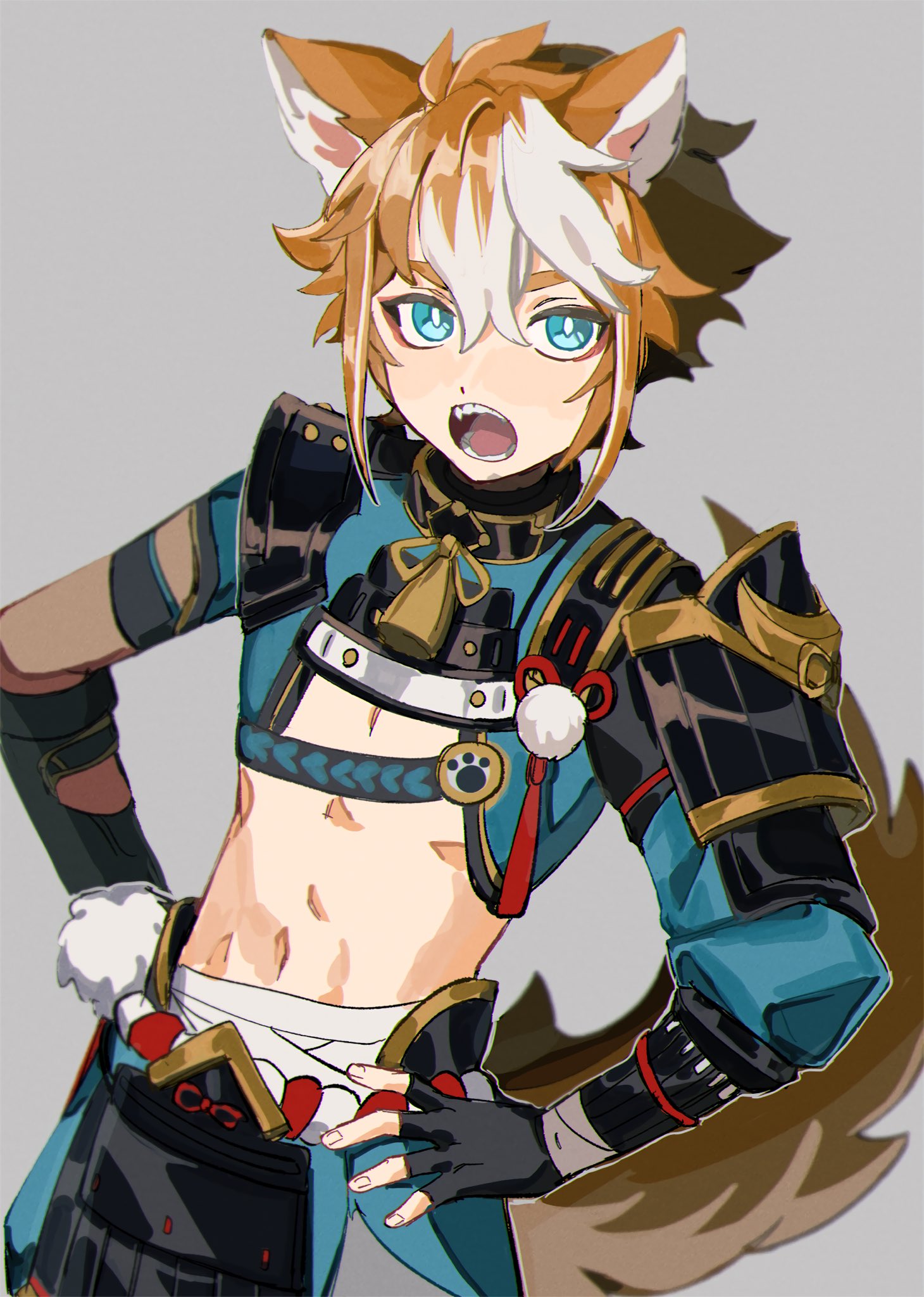 1boy animal_ears armor bandages bangs black_gloves brown_hair dog_boy dog_ears dog_tail fingerless_gloves genshin_impact gloves gorou_(genshin_impact) grey_background hair_between_eyes hands_on_hips highres japanese_armor japanese_clothes looking_at_viewer male_focus multicolored_hair oinari_33 open_mouth paw_print simple_background solo tail tassel white_hair