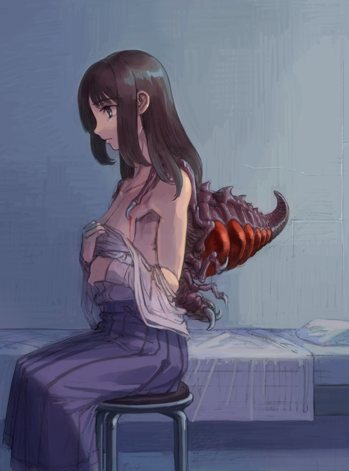 1girl :| bangs bed black_hair blanket blood breasts closed_mouth eyebrows_visible_through_hair indoors light_blue_eyes long_hair long_sleeves open_clothes open_shirt original parasite pillow pleated_skirt purple_skirt shirt sitting skirt small_breasts solo stool undressing vaison white_shirt