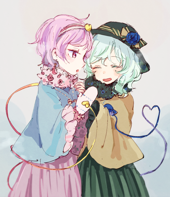 2girls :d :o black_headwear blouse blue_blouse blue_flower blue_rose blush bow closed_eyes commentary dot_nose earrings flower frilled_sleeves frills green_scarf green_skirt grey_background hair_ornament hairband hands_on_another's_shoulders hat hat_bow hat_ribbon heart heart_hair_ornament heart_of_string jewelry komeiji_koishi komeiji_satori light_green_hair long_sleeves looking_at_another medium_hair mittens mozukuzu_(manukedori) multiple_girls open_mouth pink_eyes pink_hair pink_scarf pink_skirt ribbon rose scarf short_hair simple_background sketch skirt smile striped striped_bow striped_ribbon third_eye touhou wavy_hair white_hairband white_mittens wide_sleeves yellow_blouse