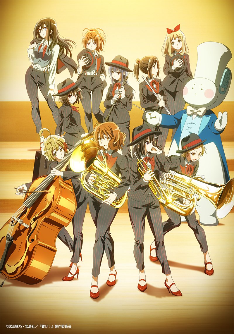 6+girls artist_request black_hair black_headwear black_jacket black_legwear blazer blonde_hair bow brown_hair collared_shirt double_bass eupho-kun euphonium fedora flute gekijouban_hibike!_euphonium glasses grey_vest hair_bow hair_ribbon hat hibike!_euphonium high_heels hisaishi_kanade holding holding_instrument indoors instrument jacket kasaki_nozomi katou_hazuki kawashima_sapphire kousaka_reina long_hair long_sleeves multiple_girls nakagawa_natsuki neckerchief oboe official_art oumae_kumiko pants ponytail red-framed_eyewear red_bow red_footwear red_neckerchief red_ribbon ribbon shirt shoes short_hair standing tanaka_asuka trombone trumpet tuba undone_neckerchief vest white_shirt yoroizuka_mizore yoshikawa_yuuko