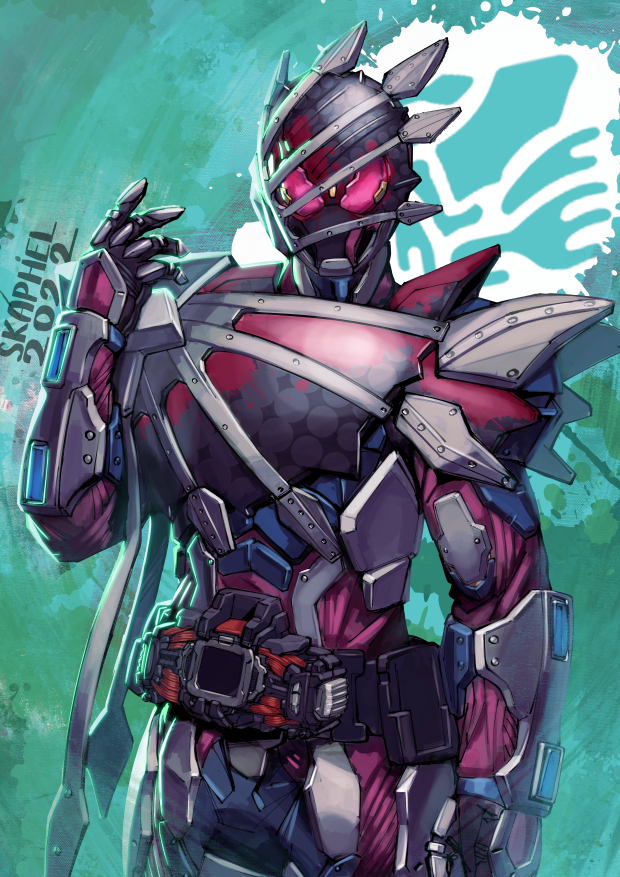 1boy 2022 alternate_costume alternate_form artist_name asymmetrical_armor cowboy_shot cropped_legs dark_persona demons_driver english_commentary giant_squid giant_squid_genome kamen_rider kamen_rider_demons kamen_rider_revice looking_at_viewer open_hand pink_eyes skaphel splatter splatter_print tentacles