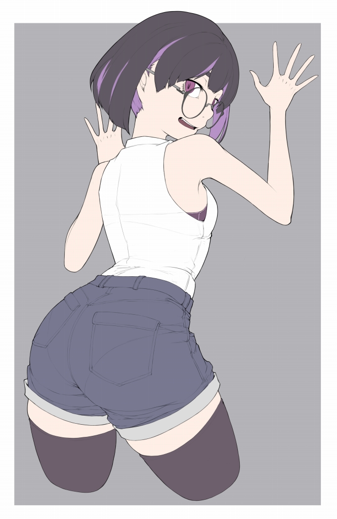 1girl ass bangs bare_shoulders black_hair black_legwear border bra bra_peek commentary_request cropped_legs denim denim_shorts flat_color from_behind glasses grey_background ina_(gokihoihoi) looking_at_viewer looking_back multicolored_hair open_mouth original outside_border pocket purple_background purple_bra purple_hair round_eyewear shirt shirt_tucked_in short_hair shorts simple_background sleeveless sleeveless_shirt sleeveless_turtleneck smile solo streaked_hair thigh-highs turtleneck underwear violet_eyes white_border white_shirt