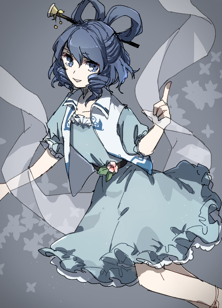 1girl belt blue_dress blue_eyes blue_hair boots dress drill_locks eyebrows_visible_through_hair feet_out_of_frame floating floral_background grey_background hagoromo hair_between_eyes hair_ornament hair_rings hair_stick hand_up index_finger_raised kaku_seiga koito_(bowstringsmall) looking_at_viewer open_clothes open_vest parted_lips puffy_short_sleeves puffy_sleeves shawl short_sleeves simple_background smile solo touhou vest white_vest wing_collar