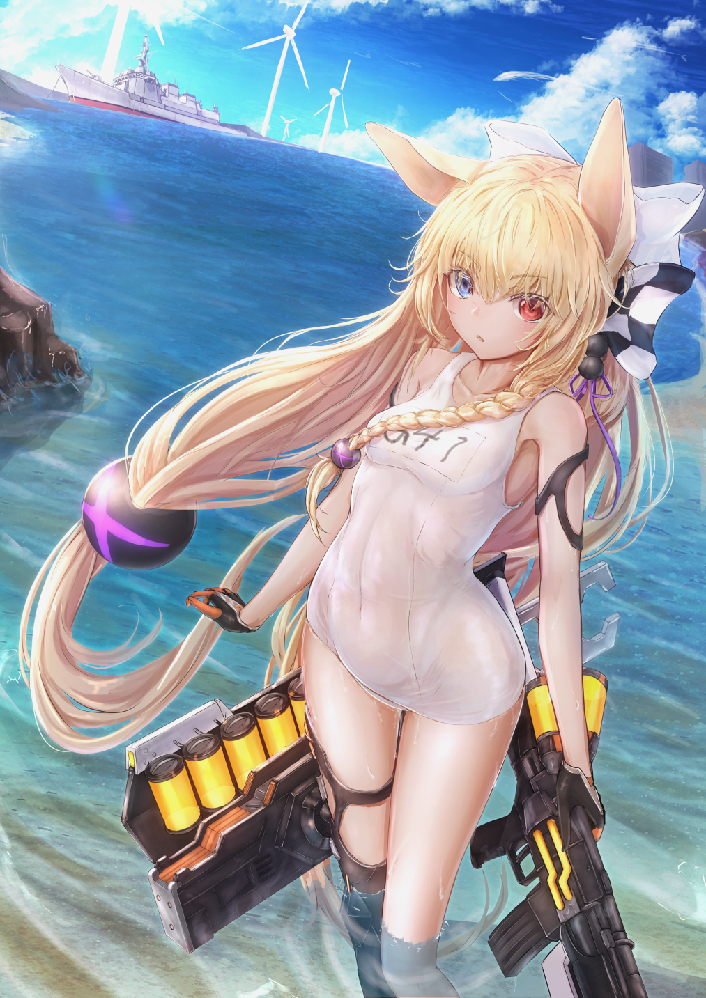 1girl animal_ears bare_shoulders blonde_hair blue_eyes breasts clouds cloudy_sky collarbone cowboy_shot expressionless g41_(girls'_frontline) girls_frontline gloves h&amp;k_g41 heterochromia highres long_hair military military_vehicle ocean official_alternate_costume parted_lips partially_submerged red_eyes ship shumeia sky small_breasts solo standing standing_on_liquid swimsuit very_long_hair warship watercraft wet wet_clothes wind_turbine