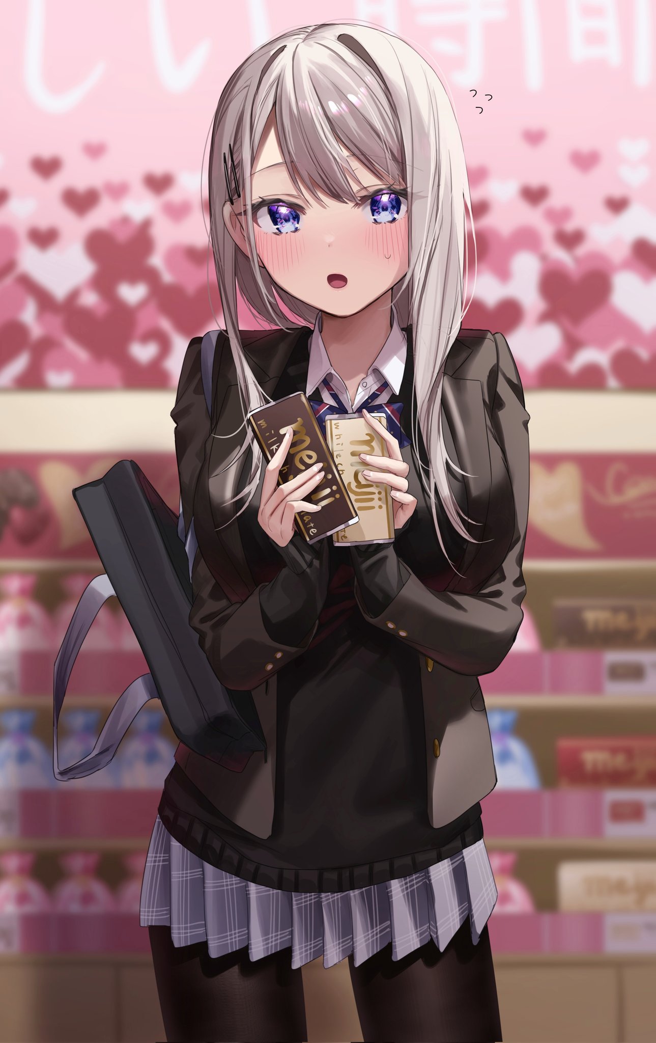 1girl :o asymmetrical_hair bag bangs black_legwear black_sweater blazer blue_eyes blurry blurry_background blush bow bowtie breasts candy chigusa_minori chocolate chocolate_bar collared_shirt commentary_request cowboy_shot food hair_ornament hairclip heart highres holding holding_chocolate holding_food jacket large_breasts light_brown_hair long_hair looking_at_viewer meiji_milk_chocolate miniskirt open_mouth original pantyhose plaid plaid_skirt pleated_skirt saotome_shino_(chigusa_minori) school_bag school_uniform shirt skirt sleeves_past_wrists solo striped striped_bow sweater swept_bangs tsurime uniform valentine violet_eyes white_chocolate wing_collar