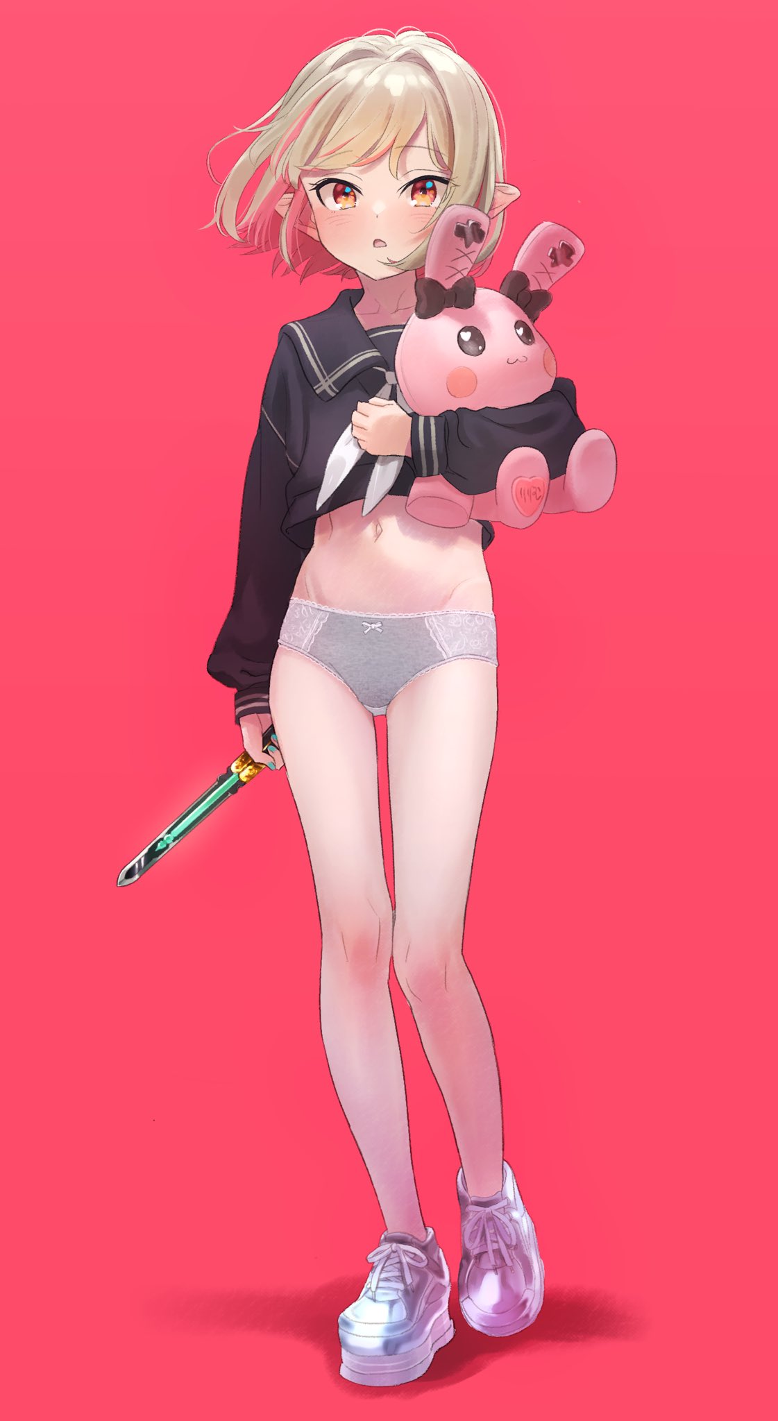 1girl apex_legends balisong bare_legs black_sailor_collar blush bow bow_panties butterfly_knife_(apex_legends) crop_top full_body grey_hair grey_panties highres hip_bones holding holding_knife holding_stuffed_toy knife lace-trimmed_panties lace_trim looking_at_viewer makaino_ririmu multicolored_hair navel neck_ribbon nijisanji no_pants open_mouth panties pink_hair platform_footwear pointy_ears red_eyes ribbon sabamen sailor_collar sailor_shirt shirt shoes short_hair simple_background sneakers solo streaked_hair stuffed_animal stuffed_bunny stuffed_toy symbol-only_commentary two-tone_hair underwear virtual_youtuber