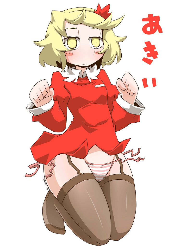 1girl aki_shizuha bangs black_legwear blonde_hair blush_stickers brown_panties character_name closed_mouth collared_shirt commentary floating full_body garter_straps hair_ornament leaf_hair_ornament legs_up light_frown long_sleeves looking_at_viewer no_pants panties red_shirt shirt short_hair side-tie_panties simple_background solo striped striped_panties thigh-highs touhou translated twitter_username underwear wardrobe_malfunction white_background yellow_eyes zannen_na_hito