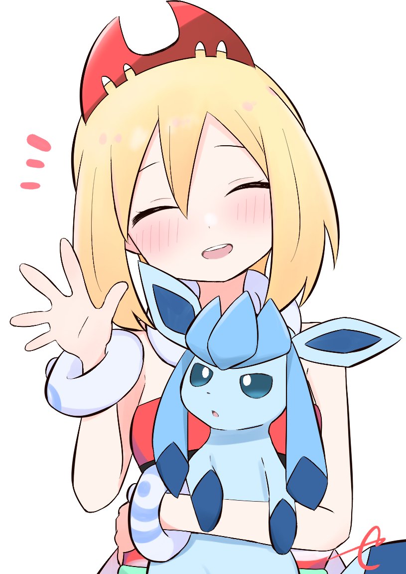 :d ^_^ bangs bare_shoulders blonde_hair blush closed_eyes commentary_request glaceon hair_between_eyes hand_up head_tilt hug irida_(pokemon) kujou_karasuma notice_lines pokemon pokemon_(creature) pokemon_(game) pokemon_legends:_arceus signature simple_background smile strapless teeth upper_body upper_teeth white_background