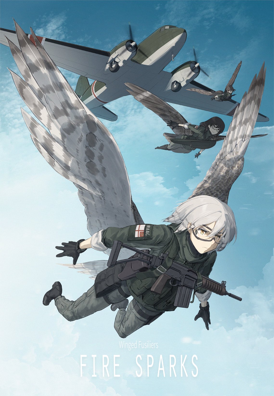 3girls aircraft airplane asterisk_kome belt_buckle black_footwear black_hair blue_sky boots brown_hair buckle clouds commentary_request cover cover_page english_text flying frown gloves goggles green_pants green_shirt highres load_bearing_vest long_hair low_wings military military_uniform multiple_girls pants patch pouch propeller shirt short_hair sky skydive sleeves_folded_up slit_pupils uniform v-shaped_eyebrows weapon weapon_request winged_fusiliers wings yellow_eyes