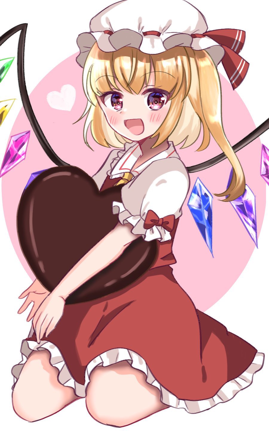 1girl alternate_eye_color ascot bangs blonde_hair blush border bow collared_shirt commentary_request crystal dress eyebrows_visible_through_hair flandre_scarlet hair_between_eyes hat hat_ribbon heart highres jewelry looking_at_viewer mob_cap multicolored_wings one_side_up open_mouth pink_background pink_eyes puffy_short_sleeves puffy_sleeves red_bow red_dress red_ribbon ribbon sasawa_chaco seiza shirt short_hair short_sleeves simple_background sitting smile solo touhou white_border white_headwear white_shirt wings yellow_ascot