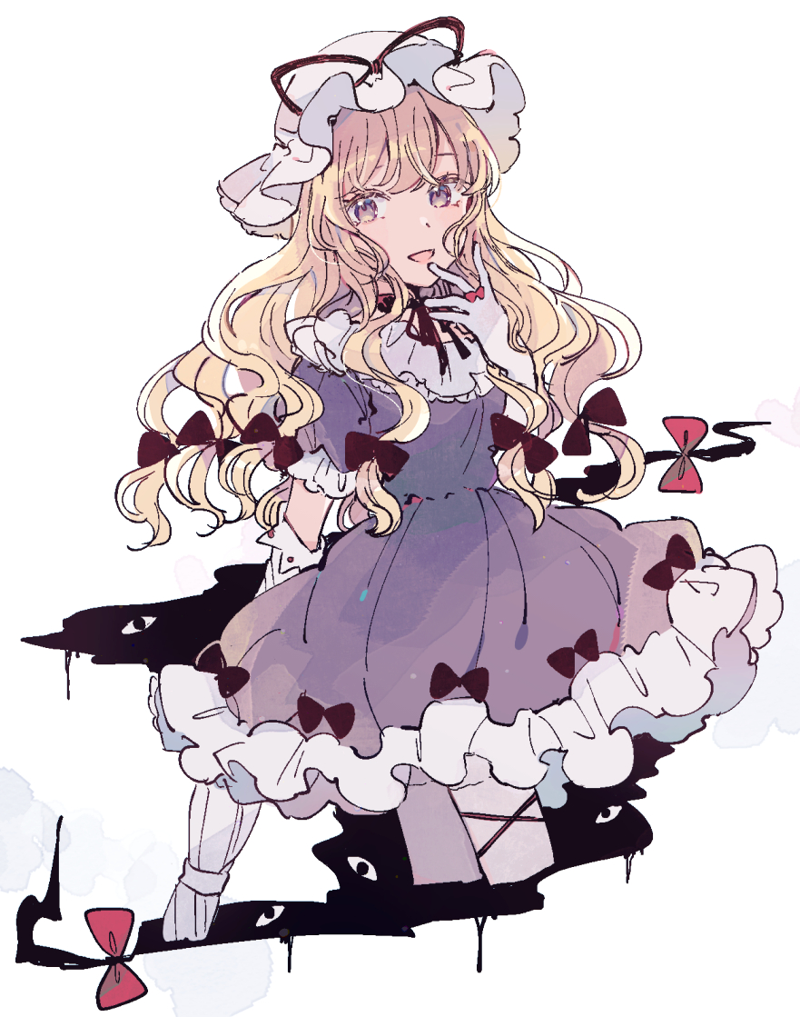 1girl :d blonde_hair bow closed_umbrella commentary cropped_legs cross-laced_clothes cross-laced_legwear dress eyebrows_behind_hair finger_to_mouth frilled_dress frilled_sleeves frills gap_(touhou) gloves hair_bow hand_up hat hat_ribbon light_blush long_hair looking_at_viewer mob_cap mozukuzu_(manukedori) neck_ribbon open_mouth purple_dress red_bow red_ribbon ribbon short_sleeves simple_background smile solo touhou umbrella violet_eyes wavy_hair white_background white_gloves white_headwear yakumo_yukari