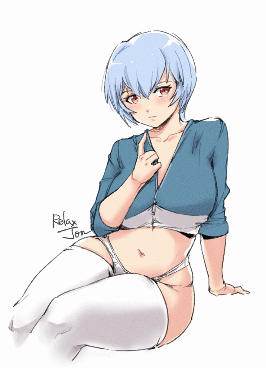 1girl ayanami_rei blue_hair breasts collarbone cropped_jacket curvy hair_between_eyes highres large_breasts leaning_to_the_side looking_away looking_to_the_side midriff navel neon_genesis_evangelion panties partially_unzipped plump red_eyes relaxjon short_hair sideways_glance signature simple_background sitting skindentation thigh-highs underwear white_background white_legwear white_panties