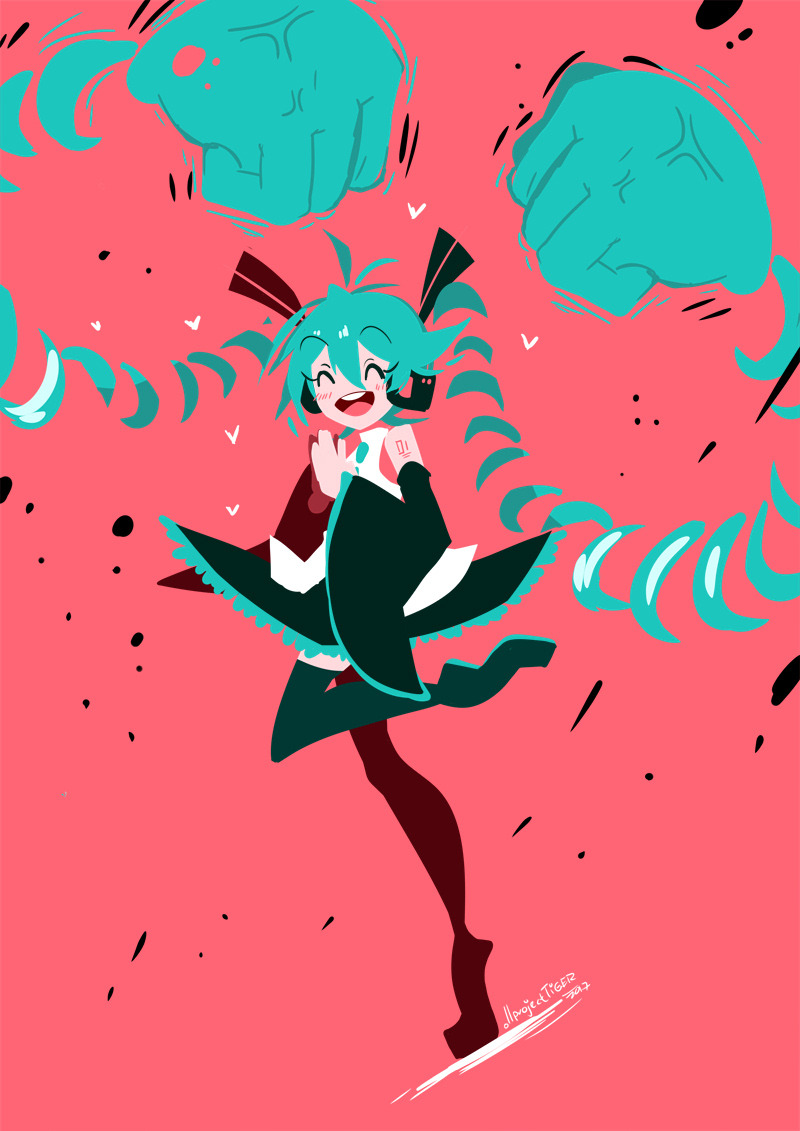 1girl aqua_hair arms_(game) blush clenched_hand crossover detached_sleeves green_hair hatsune_miku headphones headset long_hair necktie open_mouth parody projecttiger skirt solo thigh-highs twintails veins very_long_hair vocaloid