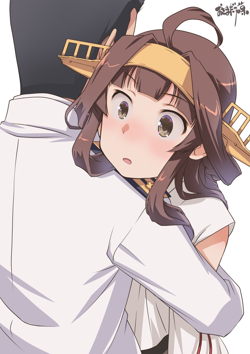 1boy 1girl admiral_(kancolle) ahoge bangs black_hair blush brown_eyes brown_hair commentary_request detached_sleeves eyebrows_visible_through_hair headgear highres hug kantai_collection kongou_(kancolle) long_hair military military_uniform nontraditional_miko osamada_meika parted_lips simple_background uniform upper_body white_background