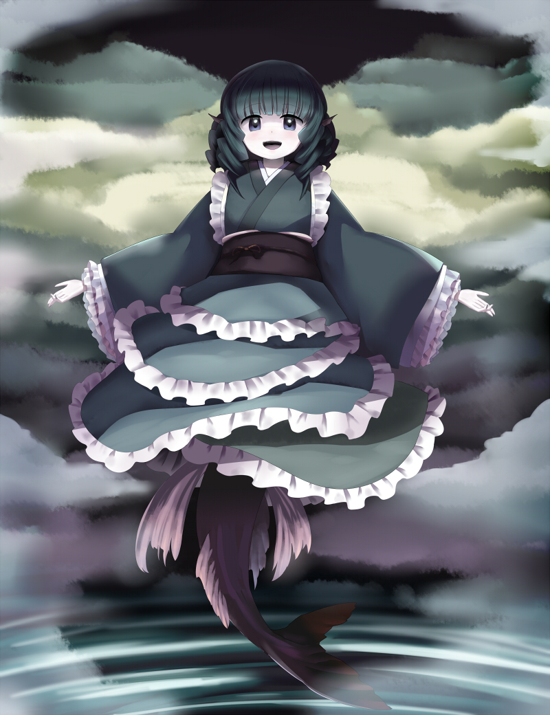 1girl blue_eyes blue_hair dress drill_locks frilled_dress frilled_kimono frills green_kimono head_fins japanese_clothes kimono kneeless_mermaid long_dress long_sleeves looking_at_viewer mermaid monster_girl obi open_mouth outstretched_arms sash solo spread_arms street_dog touhou wakasagihime water wide_sleeves