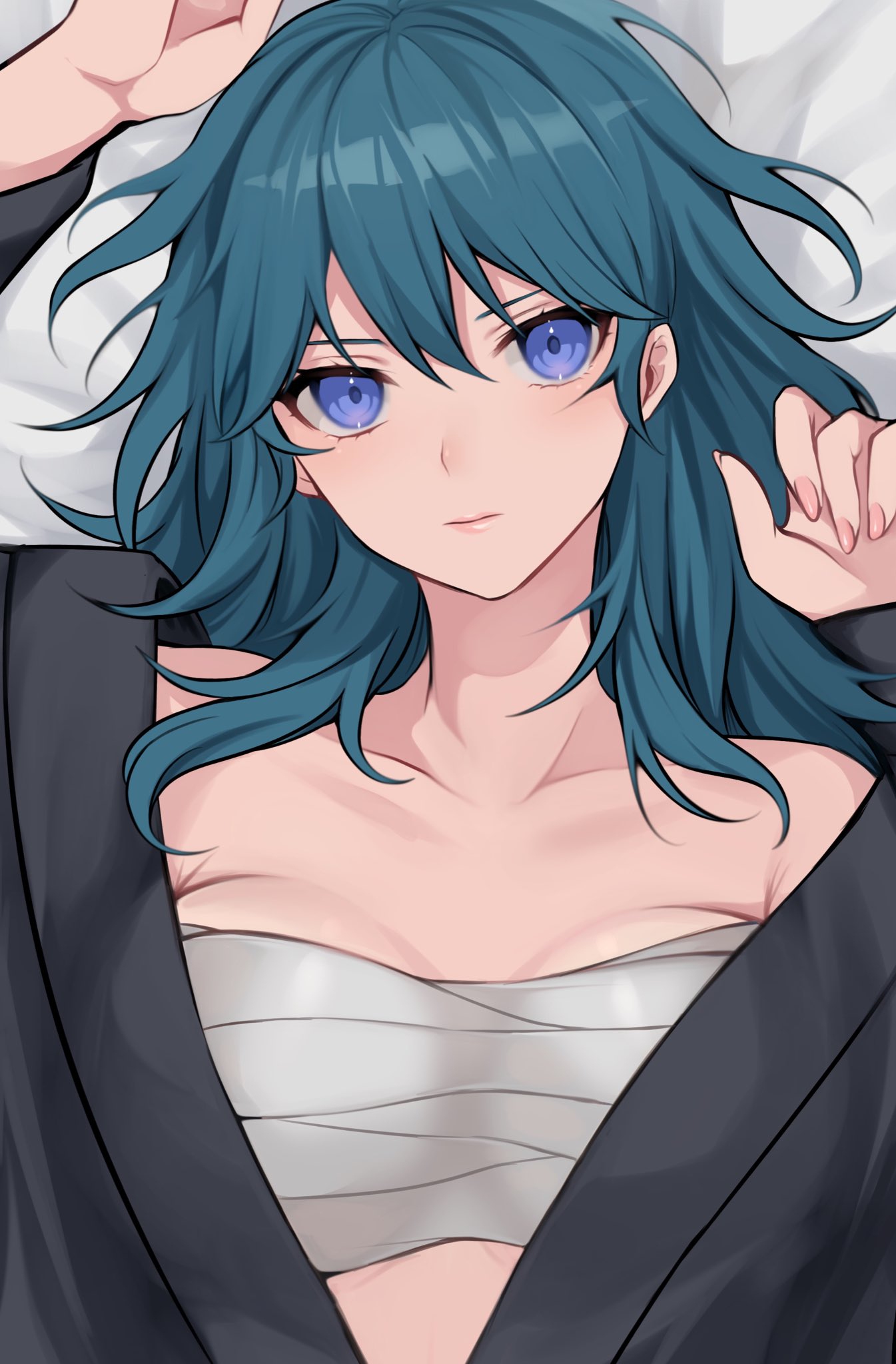 1girl bandages bandeau bangs banned_artist bare_shoulders bed_sheet black_robe blue_eyes blue_hair breasts byleth_(fire_emblem) byleth_eisner_(female) chest_sarashi commentary fire_emblem fire_emblem:_three_houses hair_between_eyes highres large_breasts lips long_hair looking_at_viewer lying off_shoulder on_back robe sarashi shimizu_akina solo strapless tube_top upper_body
