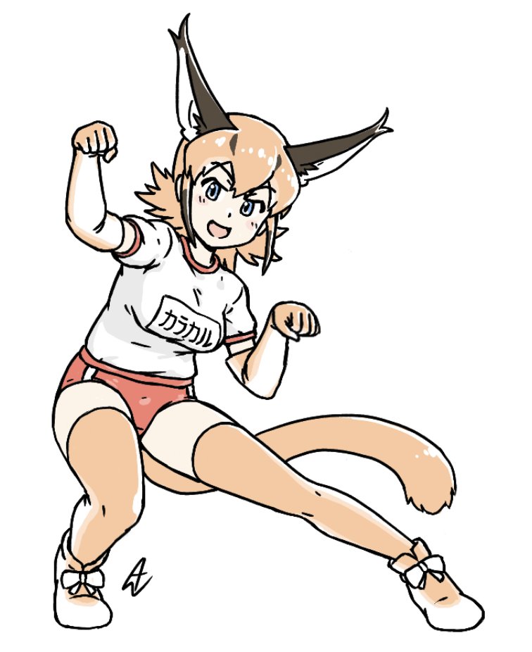 1girl acesrulez bloomers blush bow breasts caracal_(kemono_friends) caracal_ears caracal_tail eyebrows_visible_through_hair gloves gym_shirt gym_uniform hair_between_eyes katakana kemono_friends looking_at_viewer medium_breasts multicolored_hair open_mouth orange_hair red_bloomers shirt signature smile solo tail thigh-highs translated underwear white_background white_shirt