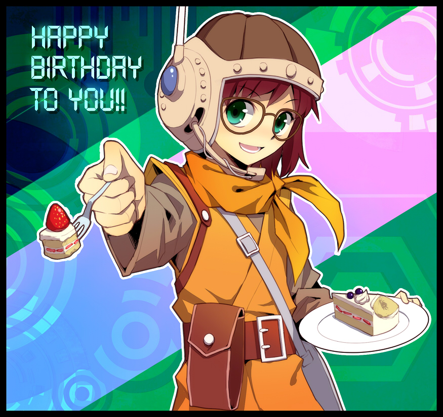 1girl bag belt belt_pouch cake chrono_trigger food fork glasses handbag happy_birthday helmet holding holding_fork holding_plate incoming_food long_sleeves looking_at_viewer lucca_ashtear open_mouth plate pouch purple_hair sakuyamochi scarf short_hair simple_background smile solo strawberry_shortcake