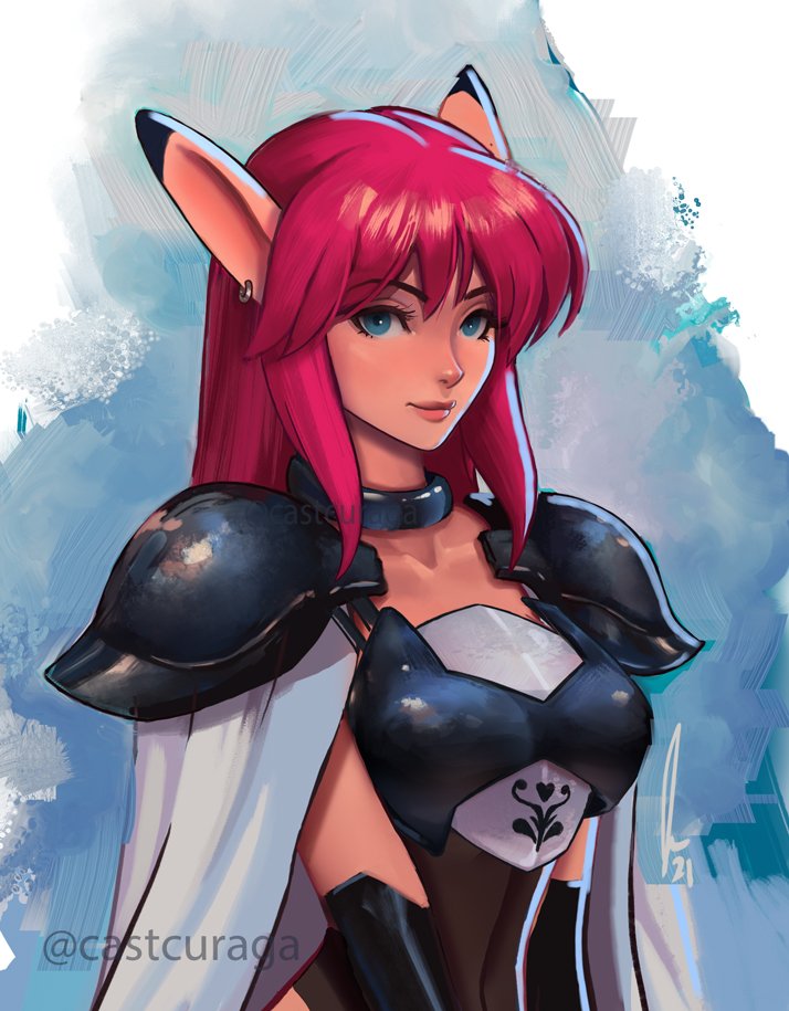 1girl armor breastplate breasts closed_mouth covered_navel earrings fal_(phantasy_star) jewelry justin_paul lips long_hair medium_breasts narrow_waist pauldrons phantasy_star phantasy_star_iv pink_hair pointy_ears shoulder_armor smile solo twitter_username upper_body
