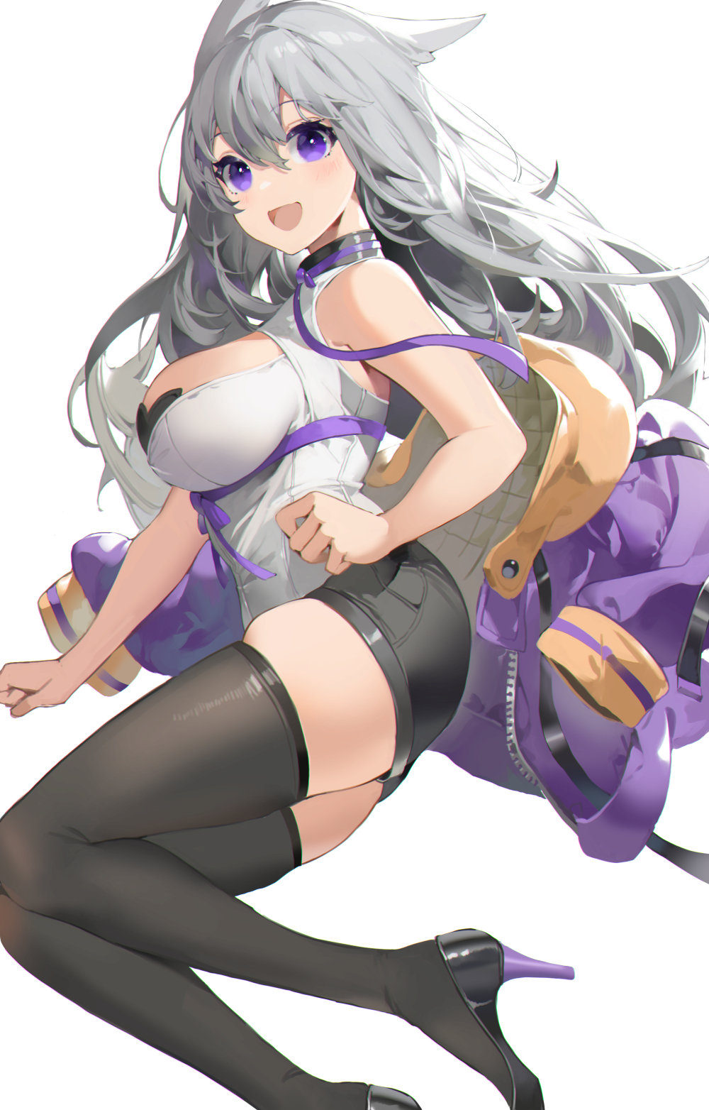 1girl akizone animal_ears bare_shoulders black_legwear black_shorts breasts from_side happy high_heels highres jacket jacket_removed large_breasts looking_at_viewer open_mouth original ribbon short_hair shorts skindentation solo thick_thighs thigh-highs thighs violet_eyes white_hair