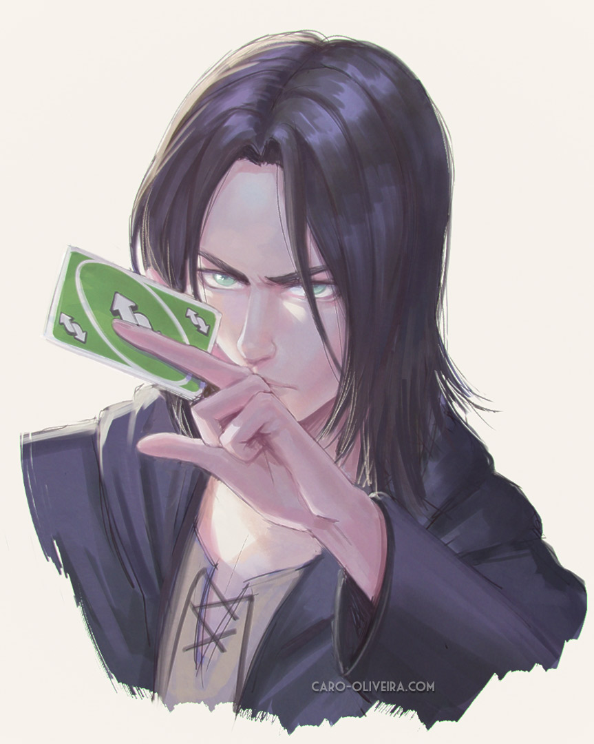 1boy black_hair black_jacket brown_shirt card caro_oliveira closed_mouth eren_yeager green_eyes hand_up holding holding_card jacket long_hair long_sleeves looking_at_viewer male_focus shingeki_no_kyojin shirt simple_background solo uno_(game) upper_body white_background