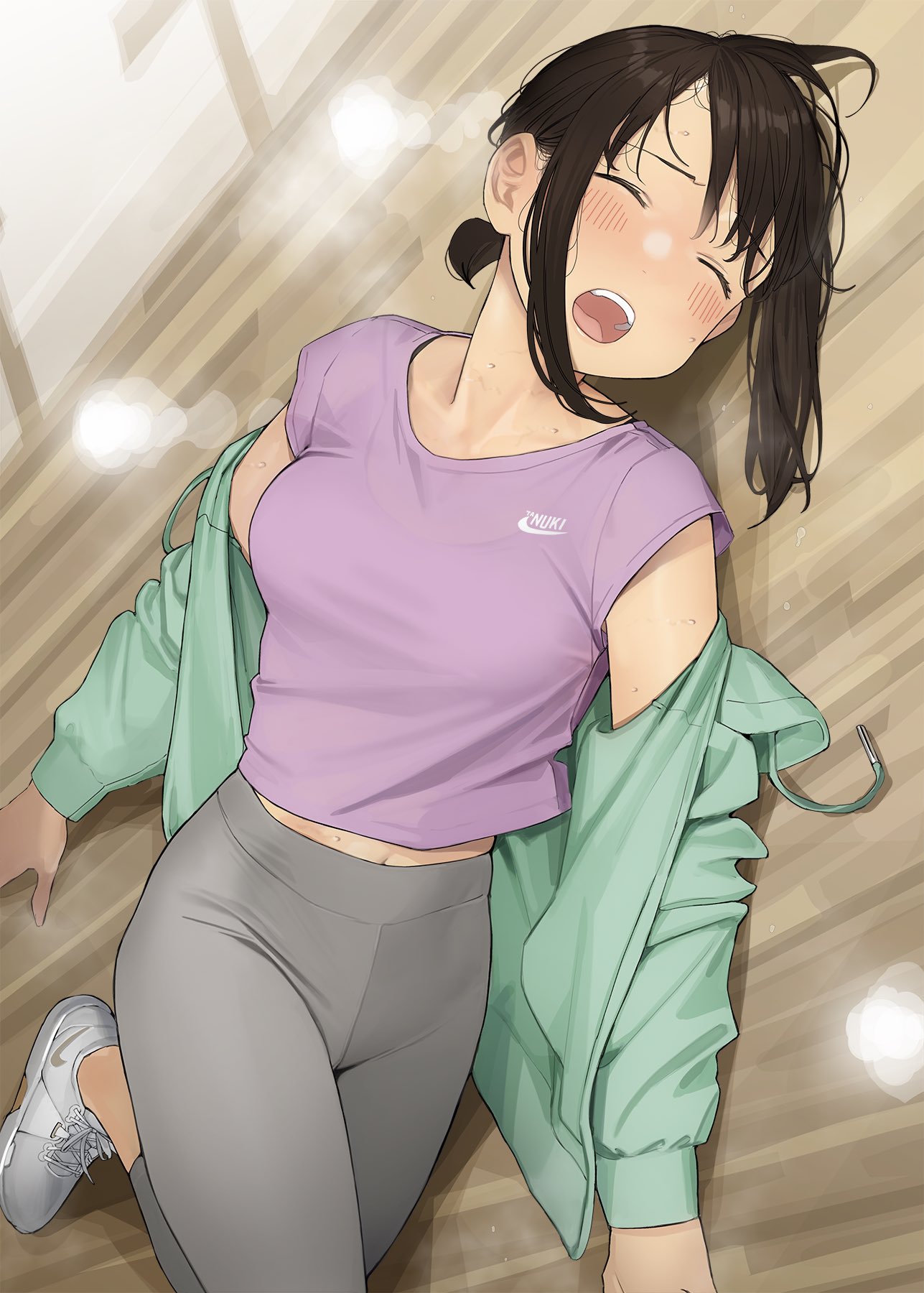 1girl blush brand_name_imitation breasts brown_hair closed_eyes commentary_request douki-chan_(douki-chan) ganbare_douki-chan green_jacket grey_pants highres jacket lying medium_breasts messy_hair nike on_back on_floor open_mouth pants pink_shirt shirt shoes short_hair solo sweat teeth upper_teeth white_footwear yoga_pants yomu_(sgt_epper)