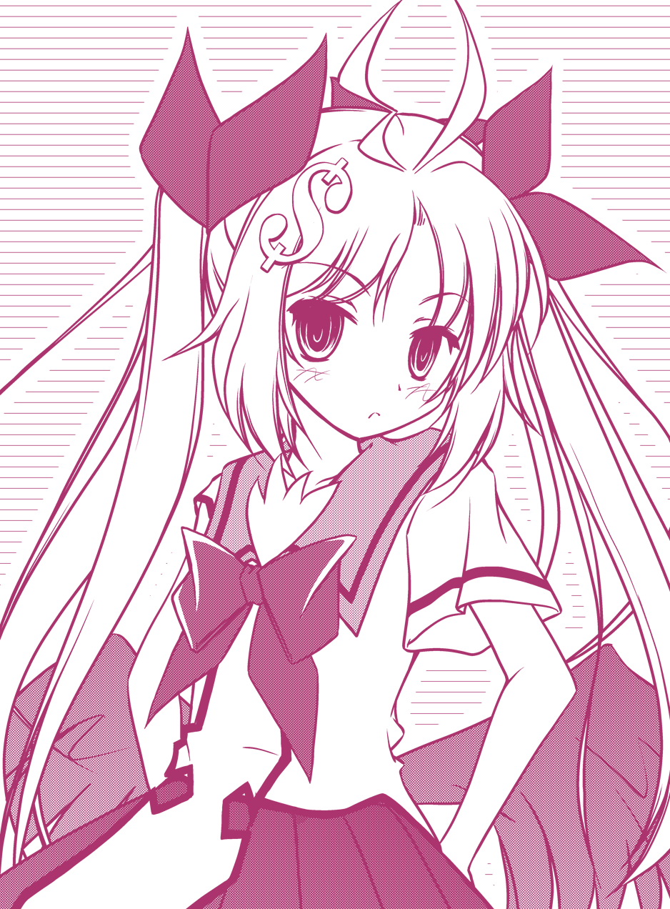 greed_packet_unlimited hair_ribbon halftone highres long_hair low_wings monochrome nokia purple ribbon school_uniform serafuku tapioka_(coconuts) wings