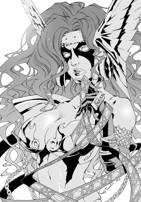 angela_(spawn) bikini bikini_armor blank_eyes chains cleavage elbow_gloves female gloves long_hair midriff monochrome mophat solo spawn tiara