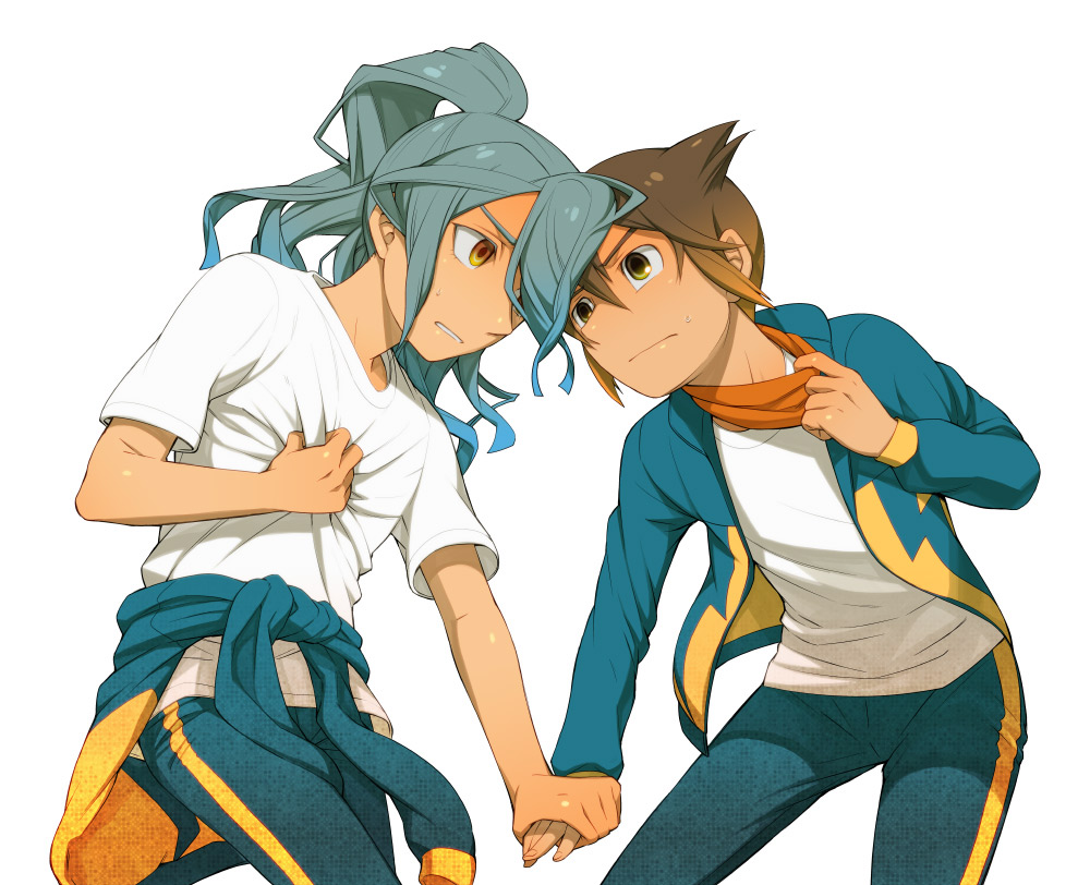 2boys androgynous blue_eyes blue_hair endou_mamoru hair_over_one_eye hand_holding headband inazuma_eleven jacket kazemaru_ichirouta yaoi