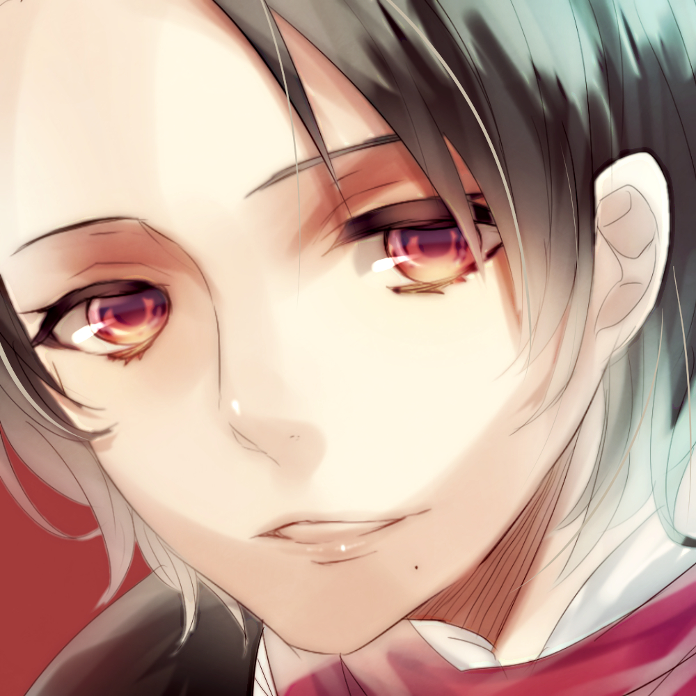 1boy bust close-up face kashuu_kiyomitsu kotobuki_xxx looking_at_viewer male_focus mole mole_under_mouth parted_lips red_background red_eyes simple_background solo touken_ranbu