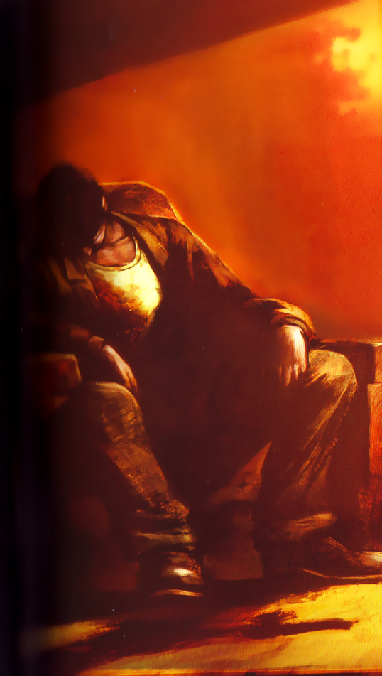 armchair blood brown_hair censored chain chains death harry_mason highres identity_censor itou_masahiro jacket jeans konami male masahiro_ito novel red scan shadow silent_hill silent_hill_1 silent_hill_3 sitting solo spoilers white_shirt