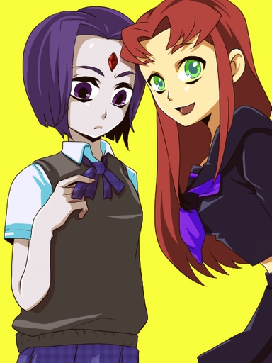 2girls dc_comics female green_eyes grey_skin long_hair nobumichi purple_hair raven_(dc) redhead school_uniform short_hair starfire teen_titans uniform violet_eyes