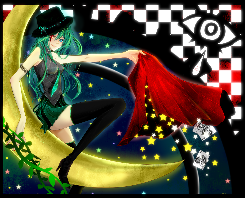 1girl aqua_hair bad_id blue_eyes boots cape card checkered checkered_background crescent falling_card hat hatsune_miku heterochromia high_heels long_hair nail_polish necktie playing_cards red_eyes saku_(pixiv1577611) shoes skirt sleeveless smile solo thigh_boots thighhighs vocaloid wavy_hair zettai_ryouiki