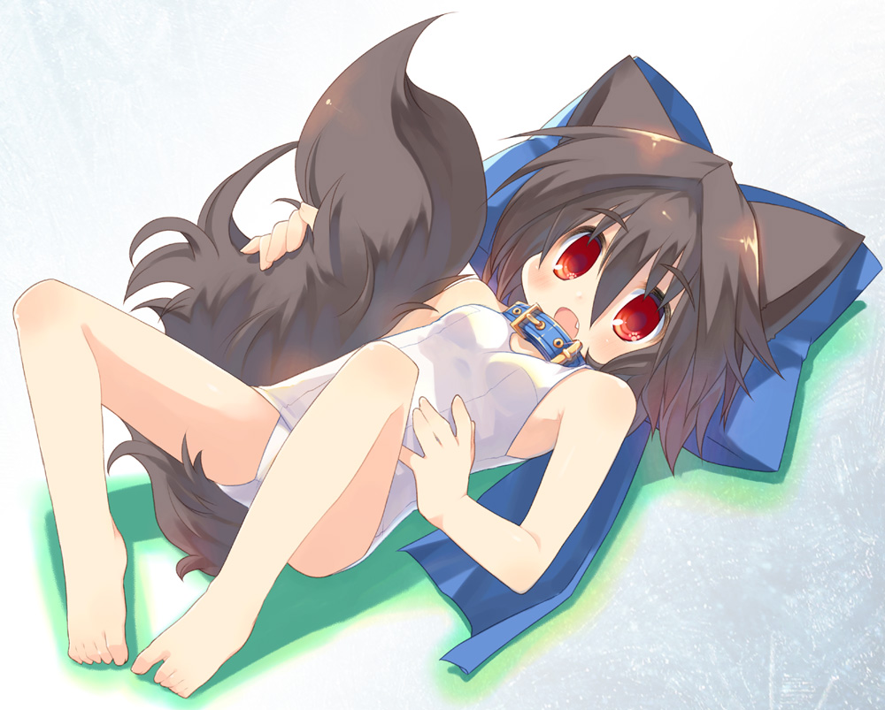 1girl barefoot black_hair blue_collar bow brown_hair child cocoa_(toba) collar dog_ears dog_tail fang feet female hair_bow long_hair lying on_back one-piece_swimsuit open_mouth original red_eyes redhead school_swimsuit small_breasts solo swimsuit tail toba_hiyoko white_school_swimsuit